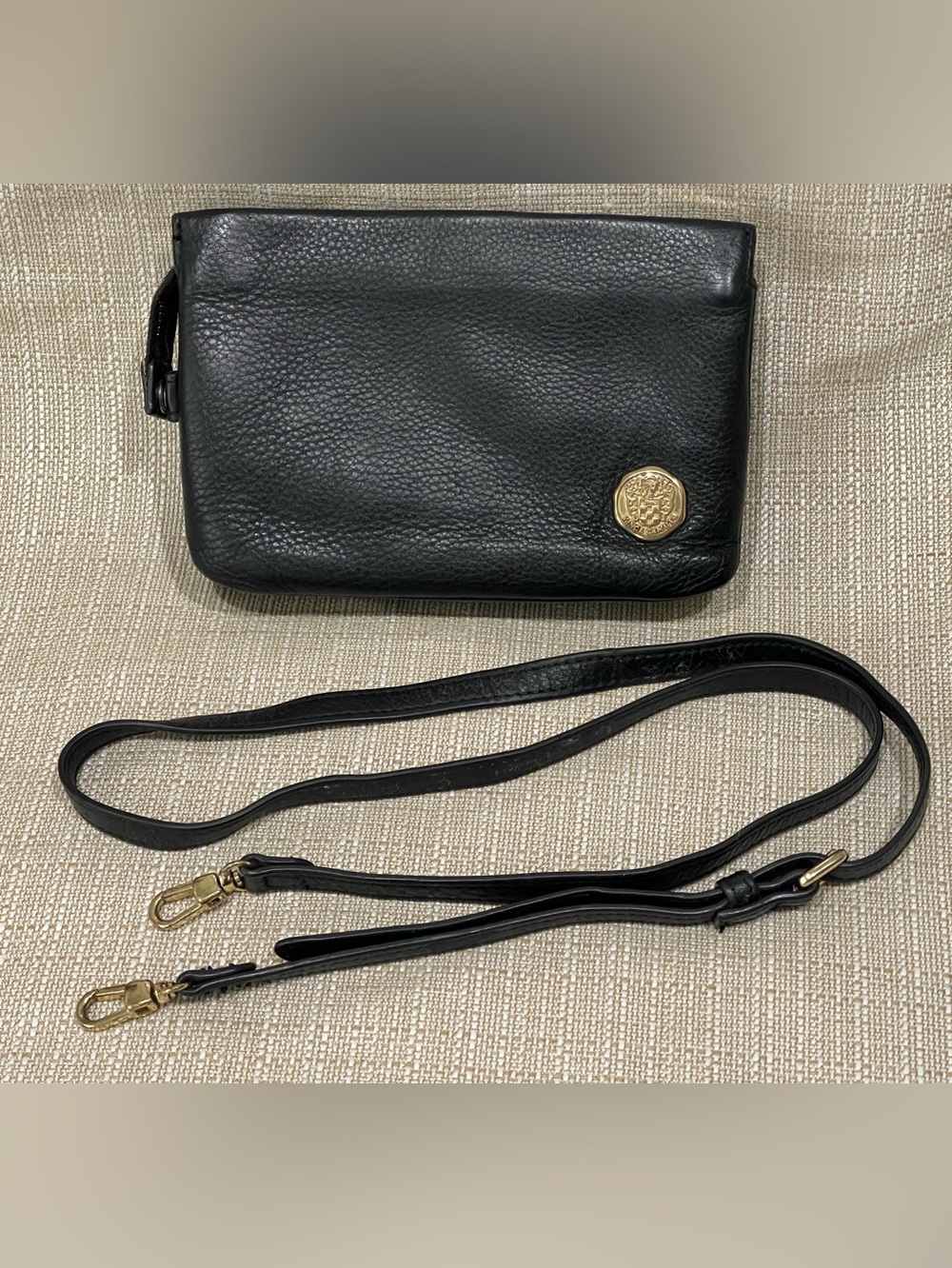 Vince Camuto Black Leather Crossbody Bag with Gold Accent